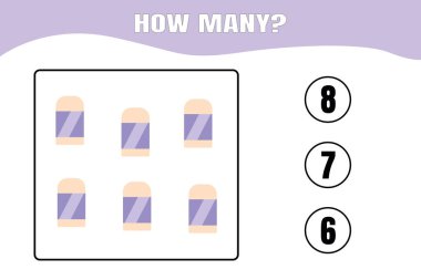 Kaç tane var? Çocuklar için eğitici matematik oyunu. Anaokulu, anaokulu ya da ilkokul çocukları için basılabilir çalışma kâğıdı tasarımı.