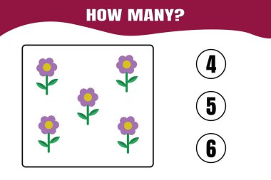 Kaç tane var? Çocuklar için eğitici matematik oyunu. Anaokulu, anaokulu ya da ilkokul çocukları için basılabilir çalışma kâğıdı tasarımı.