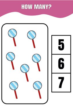 Kaç tane var? Çocuklar için eğitici matematik oyunu. Anaokulu, anaokulu ya da ilkokul çocukları için basılabilir çalışma kâğıdı tasarımı.