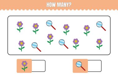 Kaç tane var? Çocuklar için eğitici matematik oyunu. Anaokulu, anaokulu ya da ilkokul çocukları için basılabilir çalışma kâğıdı tasarımı.