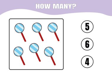 Kaç tane var? Çocuklar için eğitici matematik oyunu. Anaokulu, anaokulu ya da ilkokul çocukları için basılabilir çalışma kâğıdı tasarımı.
