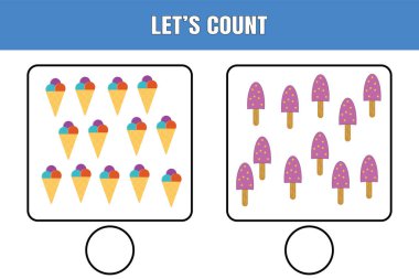 Sayalım. Çocuklar için eğitici matematik oyunu. Anaokulu, anaokulu ya da ilkokul öğrencileri için basılabilir çalışma tablosu tasarımı.