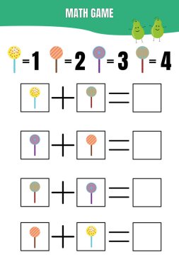 Çocuklar için eğitici matematik oyunu. Anaokulu, anaokulu ya da ilkokul öğrencileri için basılabilir çalışma kâğıdı. Matematik öğreniyorum. Toplama sayfası.