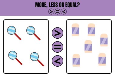 Aşağı yukarı eşit. Çocuklar için eğitici matematik oyunu. Anaokulu, anaokulu ya da ilkokul öğrencileri için çalışma tablosu tasarımı.
