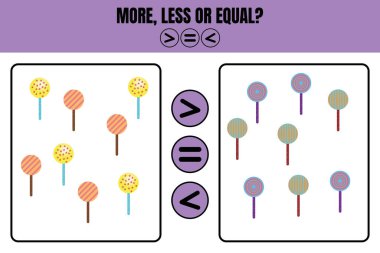 Aşağı yukarı eşit. Çocuklar için eğitici matematik oyunu. Anaokulu, anaokulu ya da ilkokul öğrencileri için çalışma tablosu tasarımı.