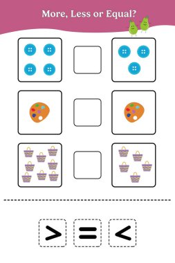 Aşağı yukarı eşit. Çocuklar için eğitici matematik oyunu. Anaokulu, anaokulu ya da ilkokul öğrencileri için çalışma tablosu tasarımı.