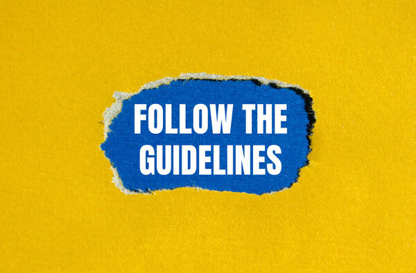 Follow the guidelines words written on ripped yellow paper with blue background. Conceptual follow the guidelines symbol. Copy space.
