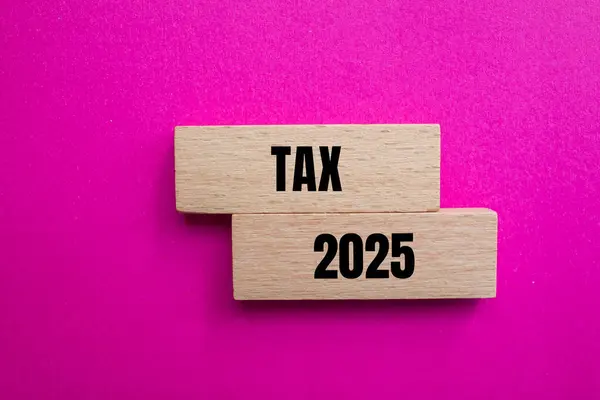 Steuer 2025 Wörter Auf Holzklötzen Mit Rosa Hintergrund Geschrieben Konzeptionelle lizenzfreie Stockbilder