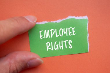 Turuncu arkaplanlı yeşil kağıt parçasına yazılan çalışan hakları sözleri. Kavramsal çalışan hakları sembolü. Boşluğu kopyala.