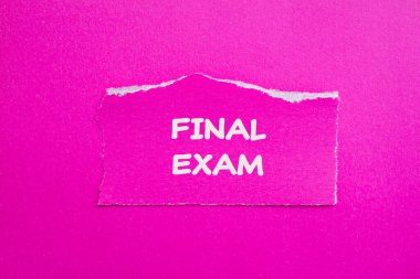 Pembe arka planda yırtık kağıda yazılmış son sınav kelimeleri. Kavramsal nihai sınav sembolü. Boşluğu kopyala.