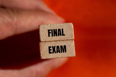 Tahta bloklara turuncu arka planda yazılmış son sınav mesajı. Kavramsal nihai sınav sembolü. Boşluğu kopyala.