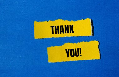 Mavi arkaplanlı yırtık sarı kağıt parçalarına yazılan mesaj için teşekkür ederim. Kavramsal teşekkür sembolü. Boşluğu kopyala.