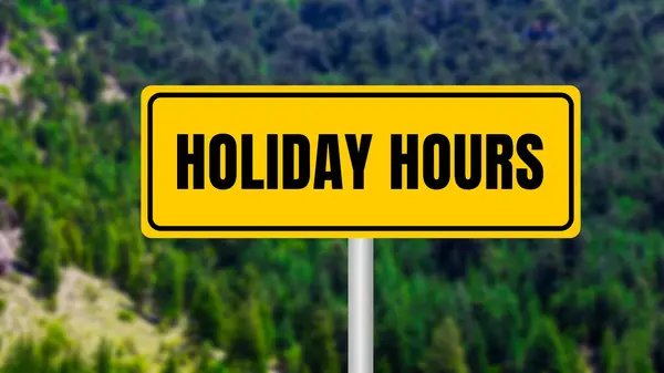 stock image Holiday hours message written on yellow metal sign  on nature background. Conceptual holiday hours symbol. Copy space.