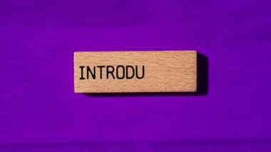 Mor arkaplandaki tahta bloğa giriş mesajı. Kavramsal tanıtım sembolü.