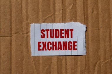 Yırtık kağıda karton kaplamalı öğrenci değişim mesajı yazılmış. Kavramsal öğrenci değişim sembolü. Boşluğu kopyala.