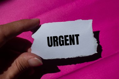 Pembe arka planda yırtık kağıt parçasına yazılmış acil bir mesaj. Kavramsal acil kelime sembolü. Boşluğu kopyala.