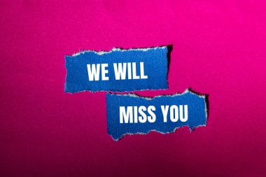 Pembe arkaplanlı yırtık mavi kağıt parçalarına yazdığın mesajı özleyeceğiz. Kavramsal olarak senin sembolünü özleyeceğiz. Boşluğu kopyala.