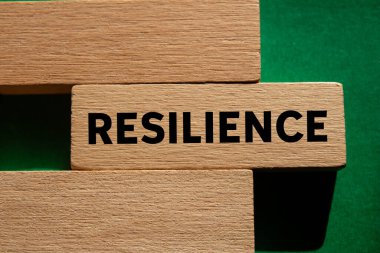 Dayanıklılık mesajı yeşil arka plandaki tahta bloğa yazılmış. Kavramsal esneklik sembolü. Boşluğu kopyala.