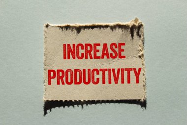 Gri arkaplandaki yırtık kağıt parçasına yazılan verimlilik mesajını çoğalt. Kavramsal üretkenlik sembolü. Boşluğu kopyala.