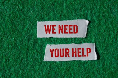 Yeşil arka planda yırtık kağıt parçalarına yazılmış yardım mesajına ihtiyacımız var. Kavramsal olarak yardım sembolüne ihtiyacımız var. Boşluğu kopyala.