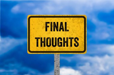 Sarı metal işareti üzerine yazılmış son düşünceler. Kavramsal nihai düşünceler sembolü. Boşluğu kopyala.