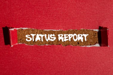 Kahverengi arkaplandaki yırtık kırmızı kağıda yazılmış durum raporu mesajı. Kavramsal durum raporu sembolü. Boşluğu kopyala.