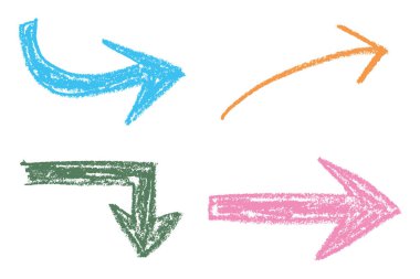 Tebeşir ve pastel desenli renkli oklar çizilmiş. Pembe, mavi, turuncu ve yeşil renkli baştan savma yön sembolleri. Sert çizgiler ve kalın şekiller.