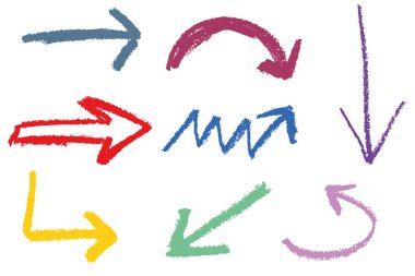 Tebeşir ve pastel boya desenli renkli oklar çizilmiş. Yarım yamalak yönlü semboller seti. Sert çizgiler ve kalın şekiller.