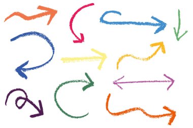 Tebeşir ve pastel boya desenli renkli oklar çizilmiş. Yarım yamalak yönlü semboller seti. Sert çizgiler ve kalın şekiller.