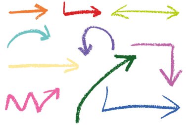 Tebeşir ve pastel boya desenli renkli oklar çizilmiş. Yarım yamalak yönlü semboller seti. Sert çizgiler ve kalın şekiller.