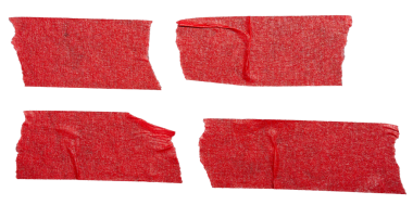 Şeffaf arkaplanda kırmızı yapışkan yırtık kağıt bandı seti izole