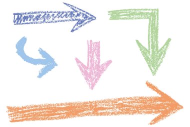 Tebeşir ve pastel boya desenli renkli oklar çizilmiş. Yarım yamalak yönlü semboller seti. Sert çizgiler ve kalın şekiller.