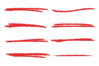 Kırmızı boya fırçası çizgileri ve dalga şekilleri koleksiyonu. Sert kenarları ve desenli mürekkep efektiyle el çizimi kalın grunge kenarları. Sanatsal altçizgi ögeleri, vurgulama, bölme ve pankart tasarımı için soyut vuruşlar