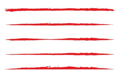 Kırmızı boya fırçası çizgileri ve dalga şekilleri koleksiyonu. Sert kenarları ve desenli mürekkep efektiyle el çizimi kalın grunge kenarları. Sanatsal altçizgi ögeleri, vurgulama, bölme ve pankart tasarımı için soyut vuruşlar