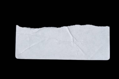 Ripped torn white paper piece on isolated black background, paper tear edge stripes cut out design element