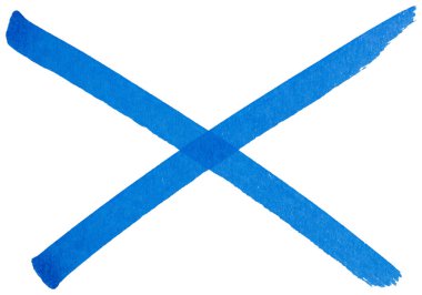 İşaretleyici fırça darbeleriyle el çizimi mavi çarpı işareti, yanlış seçim için soyut mürekkep X sembolü, hata, iptal, reddetme, karalama çizimi izole edilmiş basit işaret tasarımı ögesi