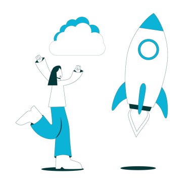 Bir kız ve roketin kalkış yaptığı düz vektör çizimi