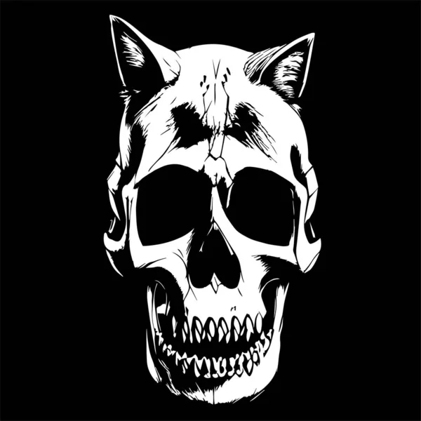 Crâne Chat Dessin Vectoriel Tatouage Noir Blanc — Image vectorielle