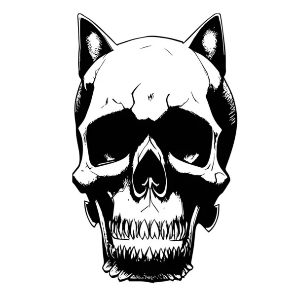 シンプルな猫の頭蓋骨の図面ベクトルロゴ黒と白 — ストックベクタ