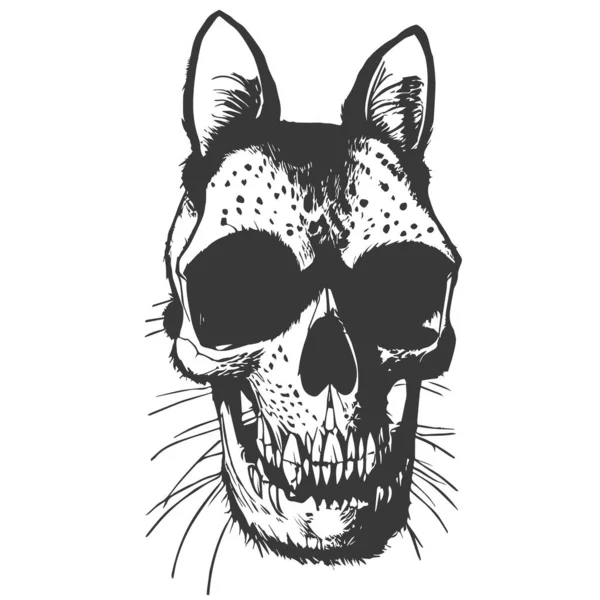 家猫の頭蓋骨漫画手描かれたベクトルのロゴ黒と白 — ストックベクタ