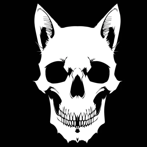 猫の頭蓋骨の描画ベクトルクリップで黒と白の色のためのプリントTシャツまたはTatto — ストックベクタ