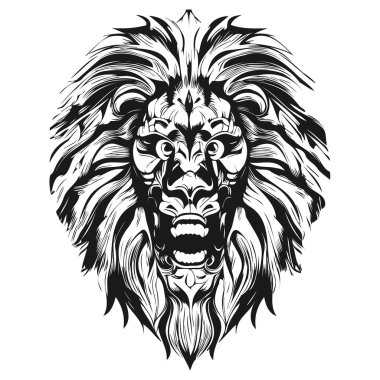 Aslan kafatası logosu el çizimi vektör klipsi sanat sanatı siyah ve whit
