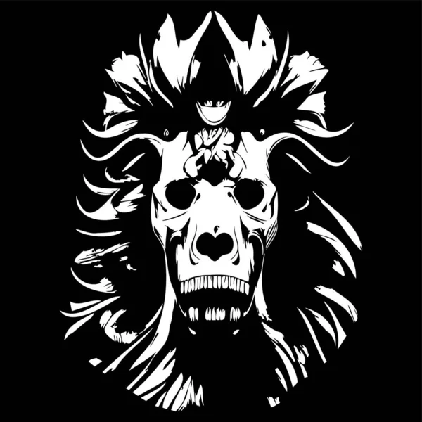 Crâne Lion Dessiné Main Clip Art Vectoriel Noir Blanc — Image vectorielle