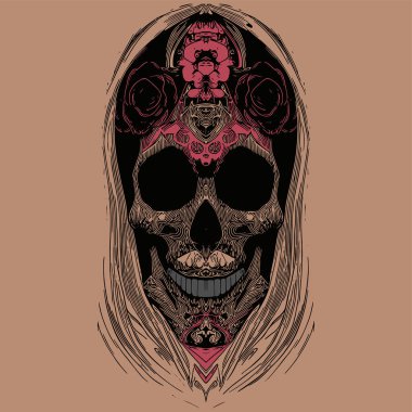 Kadın şeker kafatası kız dövmesi. El çizimi vektör renkli şarjör ar.