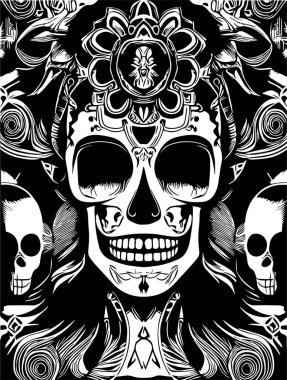 Kadın şeker kafatası dövmesi el çizimi vektör siyah ve beyaz şarjör ar