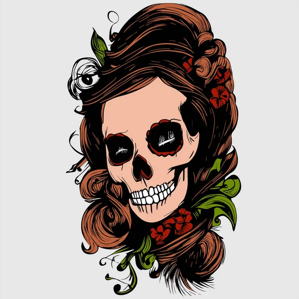 カラフルな女性の砂糖の頭蓋骨の入れ墨手描かれたベクトルカラークリップAr — ストックベクタ