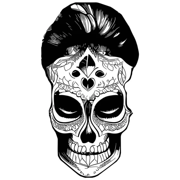 Black White Feminine Sugar Skull Tattoo Hand Drawn Vector Black — Stock Vector
