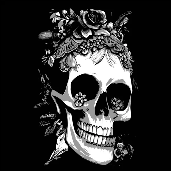 Día Mujer Muerta Cráneo Dibujado Mano Vector Negro Blanco Clip — Archivo Imágenes Vectoriales