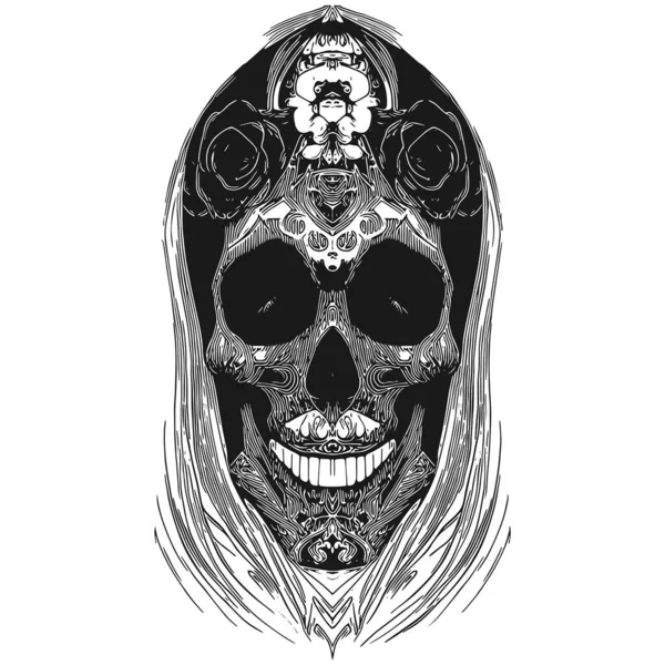 Hembra Hermosa Cráneo Azúcar Dibujo Dibujado Mano Vector Negro Blanco — Archivo Imágenes Vectoriales