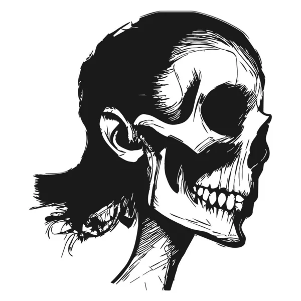 Dibujo Cráneo Femenino Dibujado Mano Vector Negro Blanco Clip — Archivo Imágenes Vectoriales